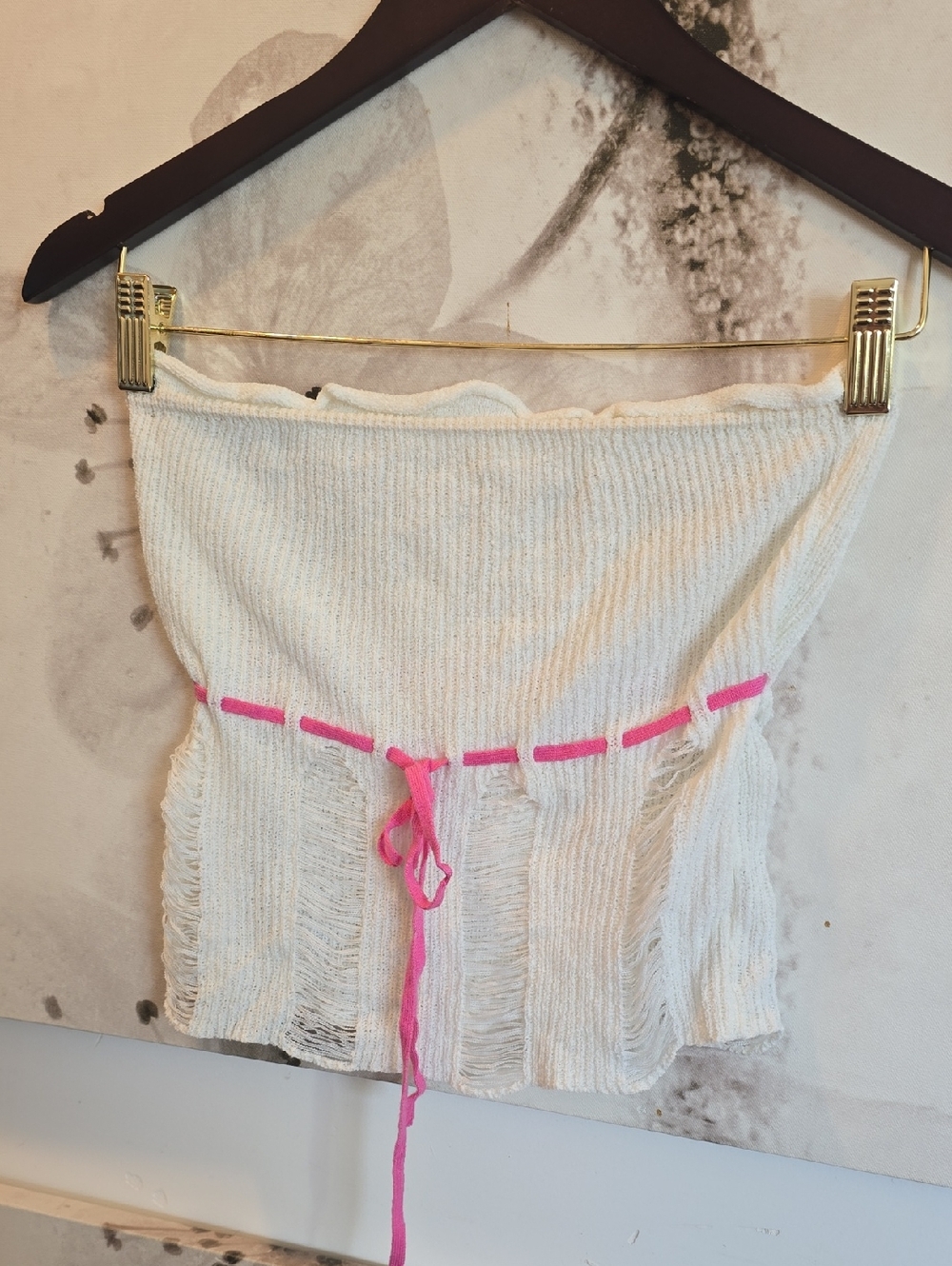 White Knit Tube Top with Pink Tie - S
